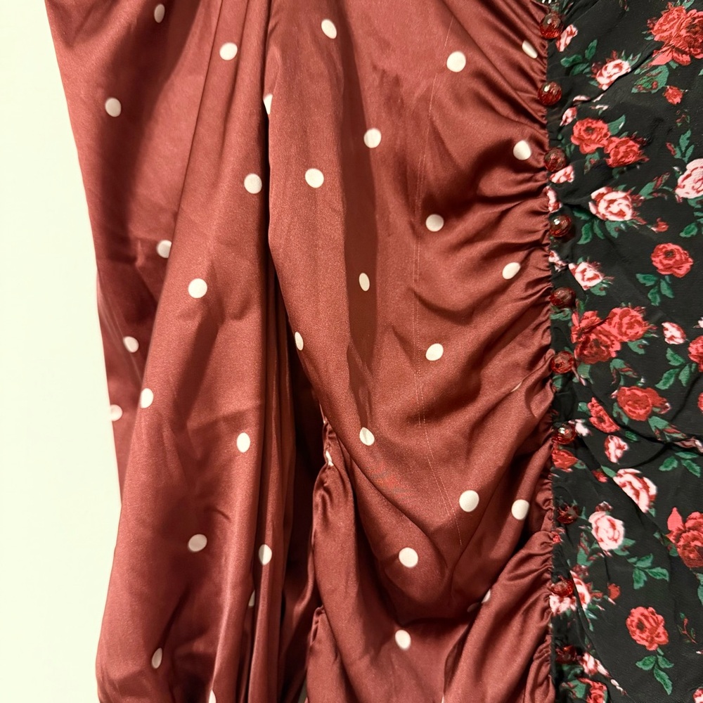 For Love & Lemons Cher Polka Dot and Roses Ruched Sweetheart Dress - Picture 9 of 10